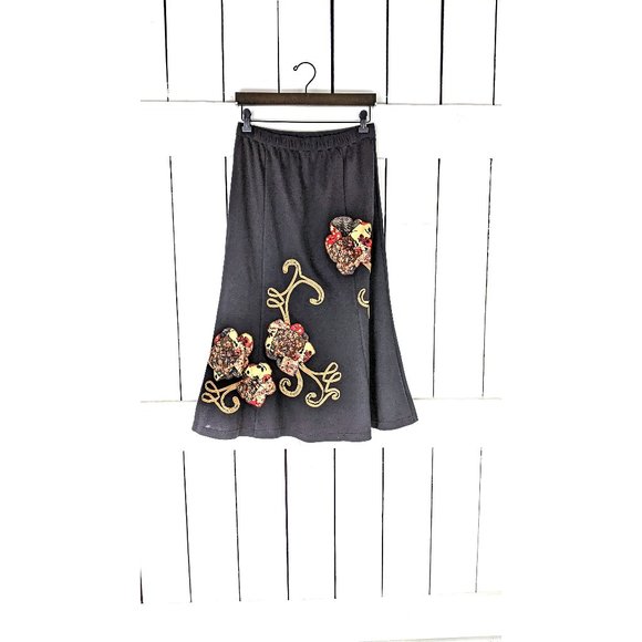 Vintage Dresses & Skirts - Vintage black stretch knit floral applique trumpet skirt